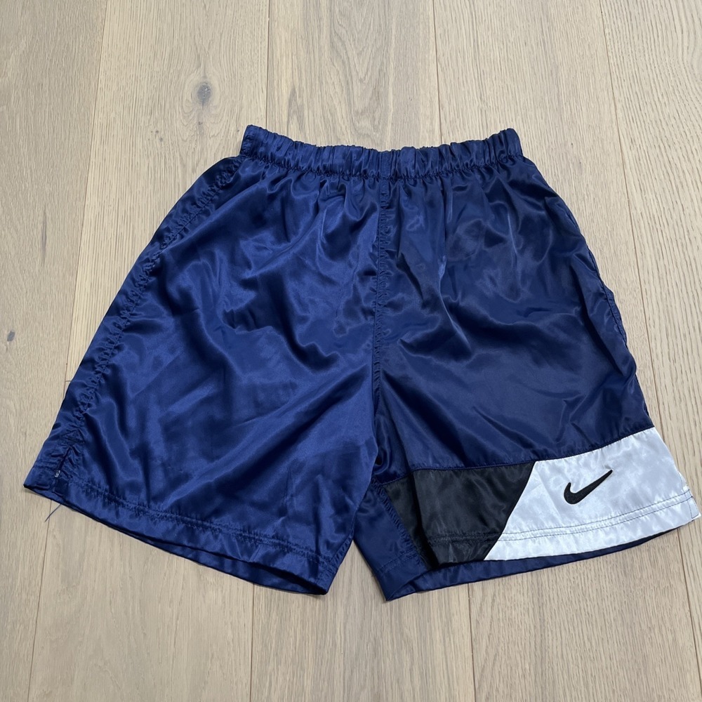 Nike 90s Vintage Satin America Nylon Glanz Soccer Shorts Navy Blue Black Small